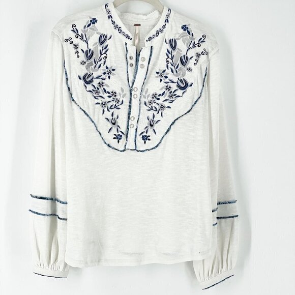 Free People Sundance Kid Embroidered White Jersey Henley Popover Top Small - Picture 4 of 9